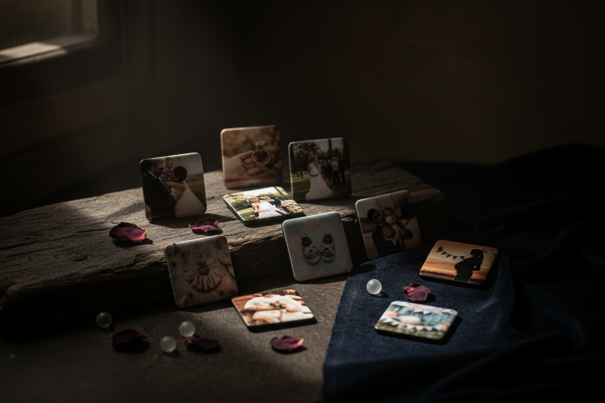 Square magnets with wedding and baby shower photos